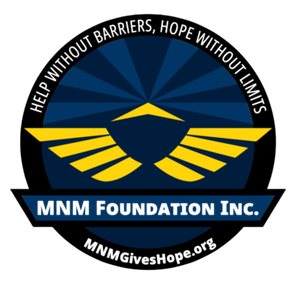 A logo for mnm foundation inc. that says help without barriers hope without limits
