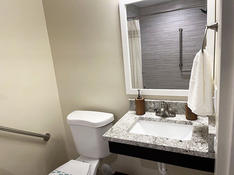 Small bathroom with toilet, granite vanity, mirror, and towel bar near a window.