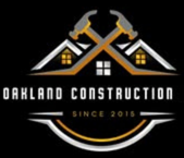Oakland Construction logo: crossed hammers over house silhouettes, gold/silver/white design, black background.