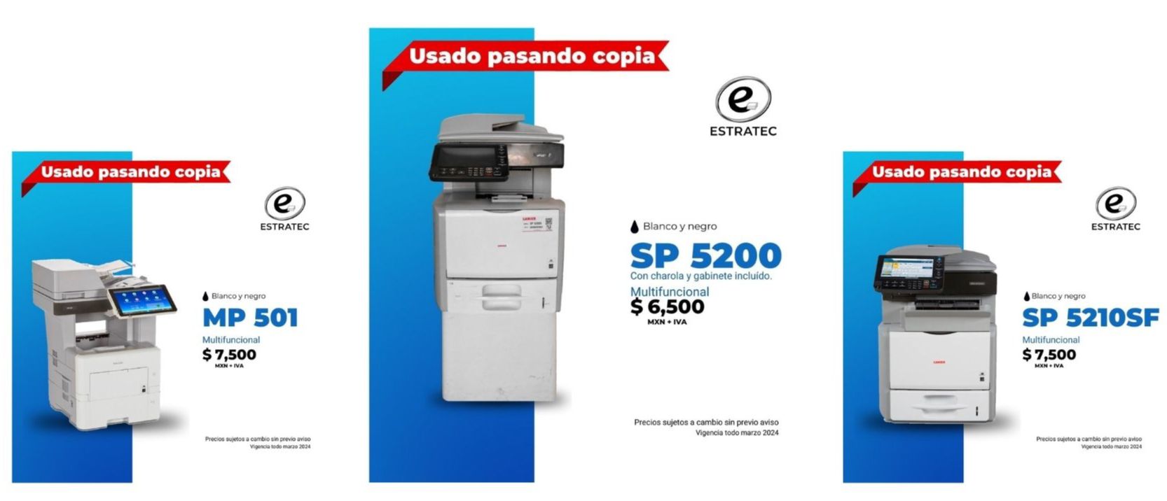 Una fila de anuncios de impresoras HP sobre un fondo azul.