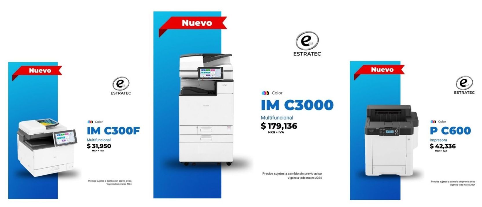 Una fila de anuncios de impresoras, incluida la IM C3000.