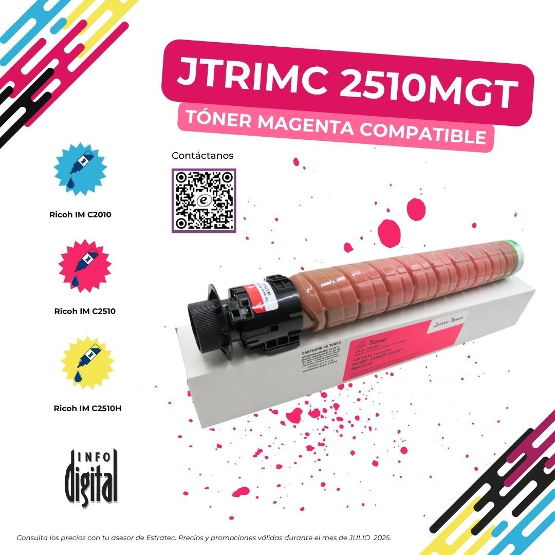 Un cartucho de tóner rosa está encima de una caja blanca.