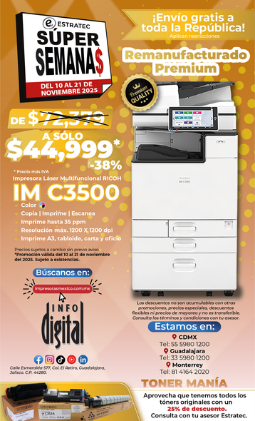 Un anuncio de una nueva impresora remanufacturada IM C3500