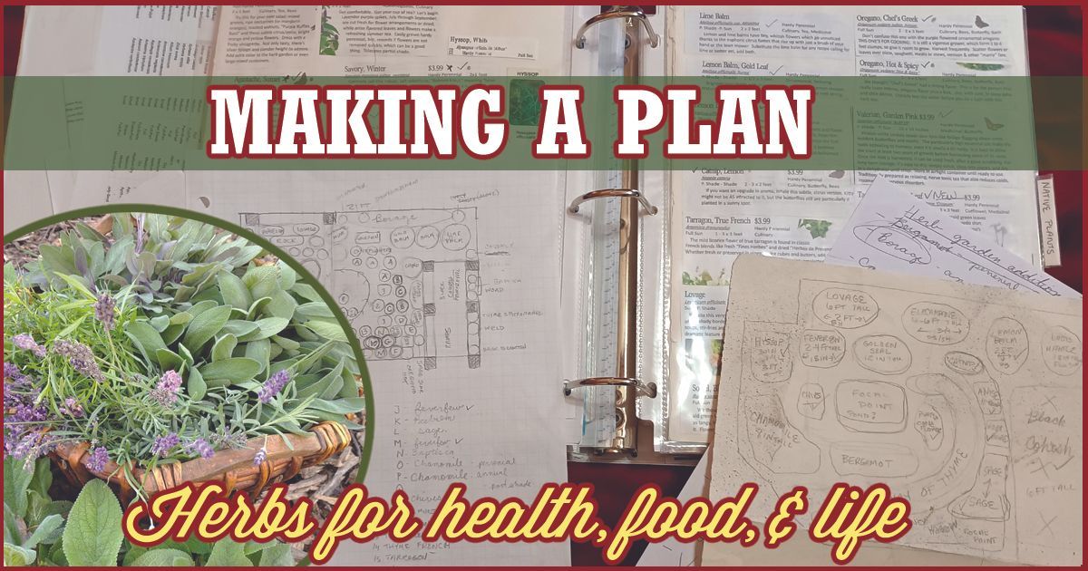 interior of a 3-ring binder with notes on planning an herb garden