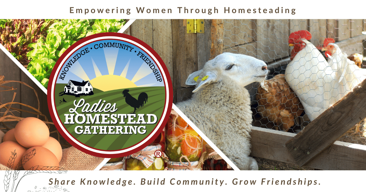 NLHG circle logo on top of four homesteading images - a garden, eggs, jarred vegetables, and a sheep with white chickens