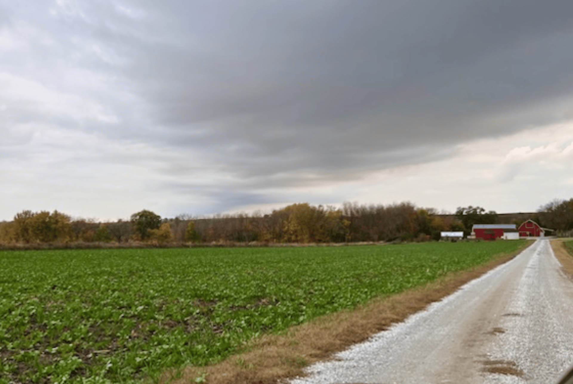 long gravel driveway leading to a red barn on a cloudy day with a large green field on the left