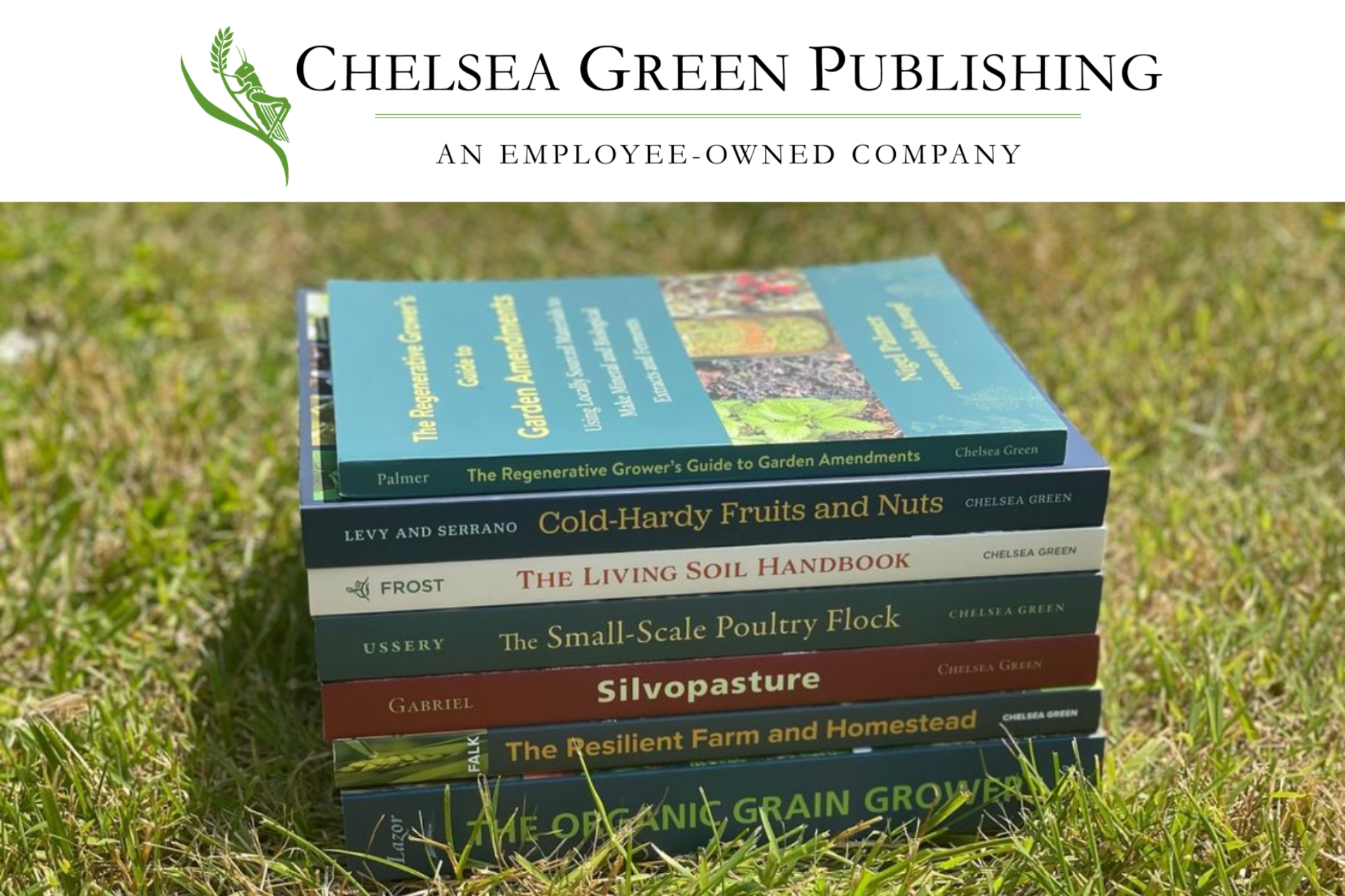 a stack of homesteading books with Chelsea Green's logo above them