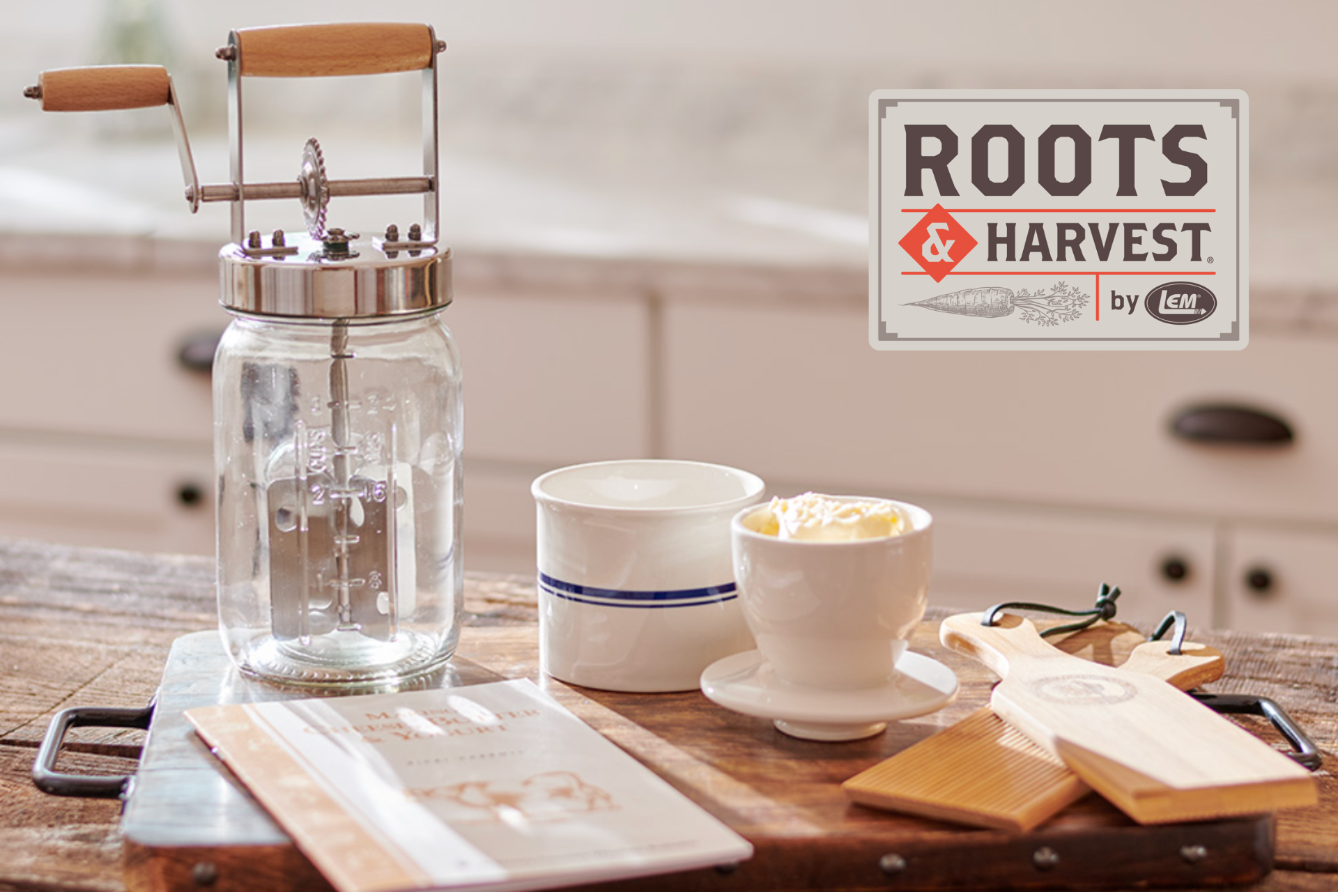 a mason jar butter churn kit with a roots and harvest logo