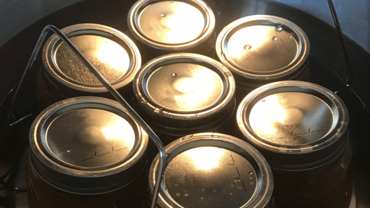 Seven glass jars with lids inside a canner, being processed.