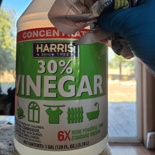 A gloved hand holds a gallon jug of Harris brand 30% concentration vinegar, a potent cleaning and herbicide product.