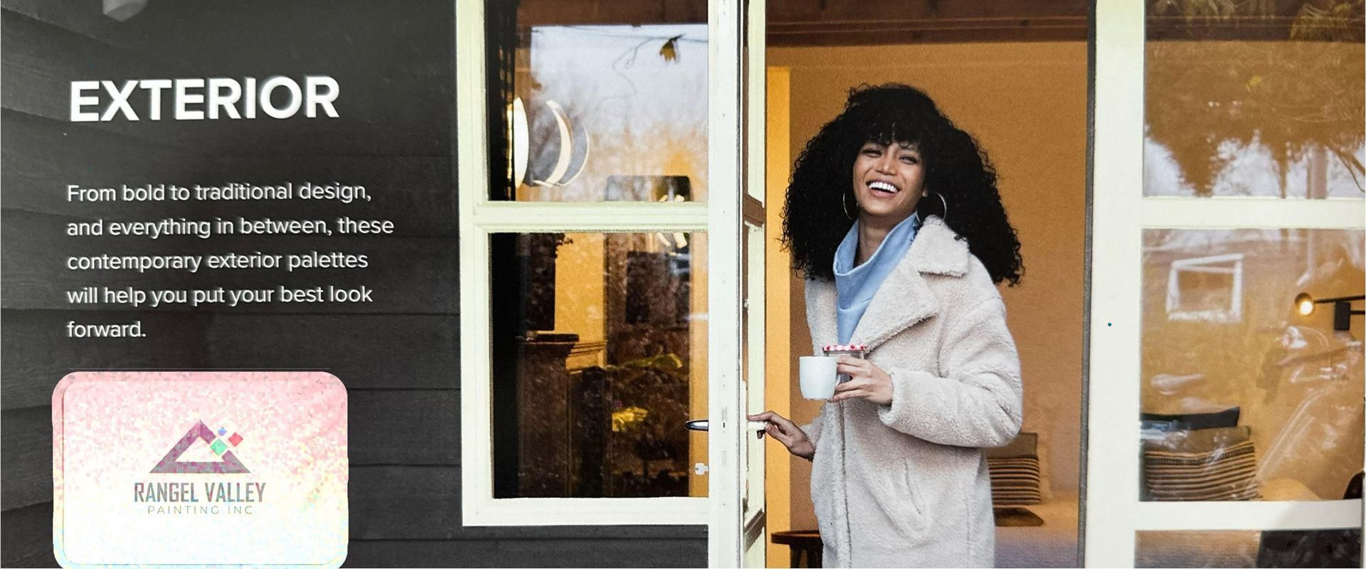 A woman is standing in a doorway holding a cup of coffee.