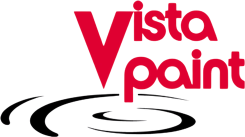 A red and black logo for vista paint