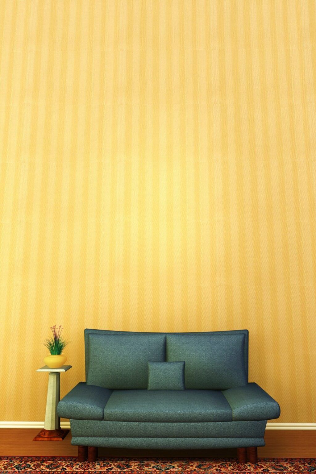 A living room with a blue couch and striped wallpaper.