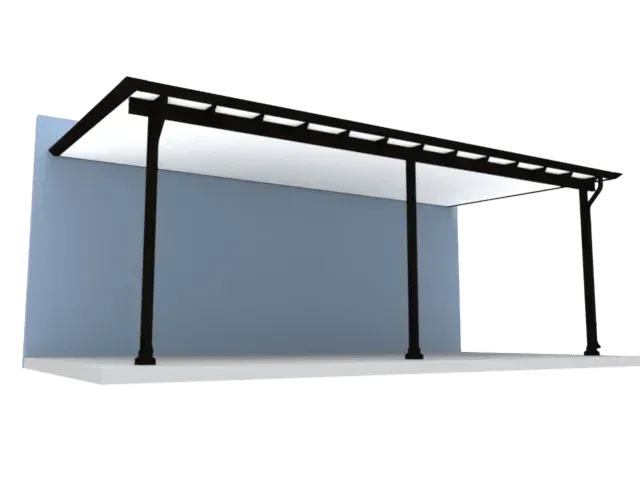 Black metal carport canopy attached to a wall, with three support posts over a concrete surface