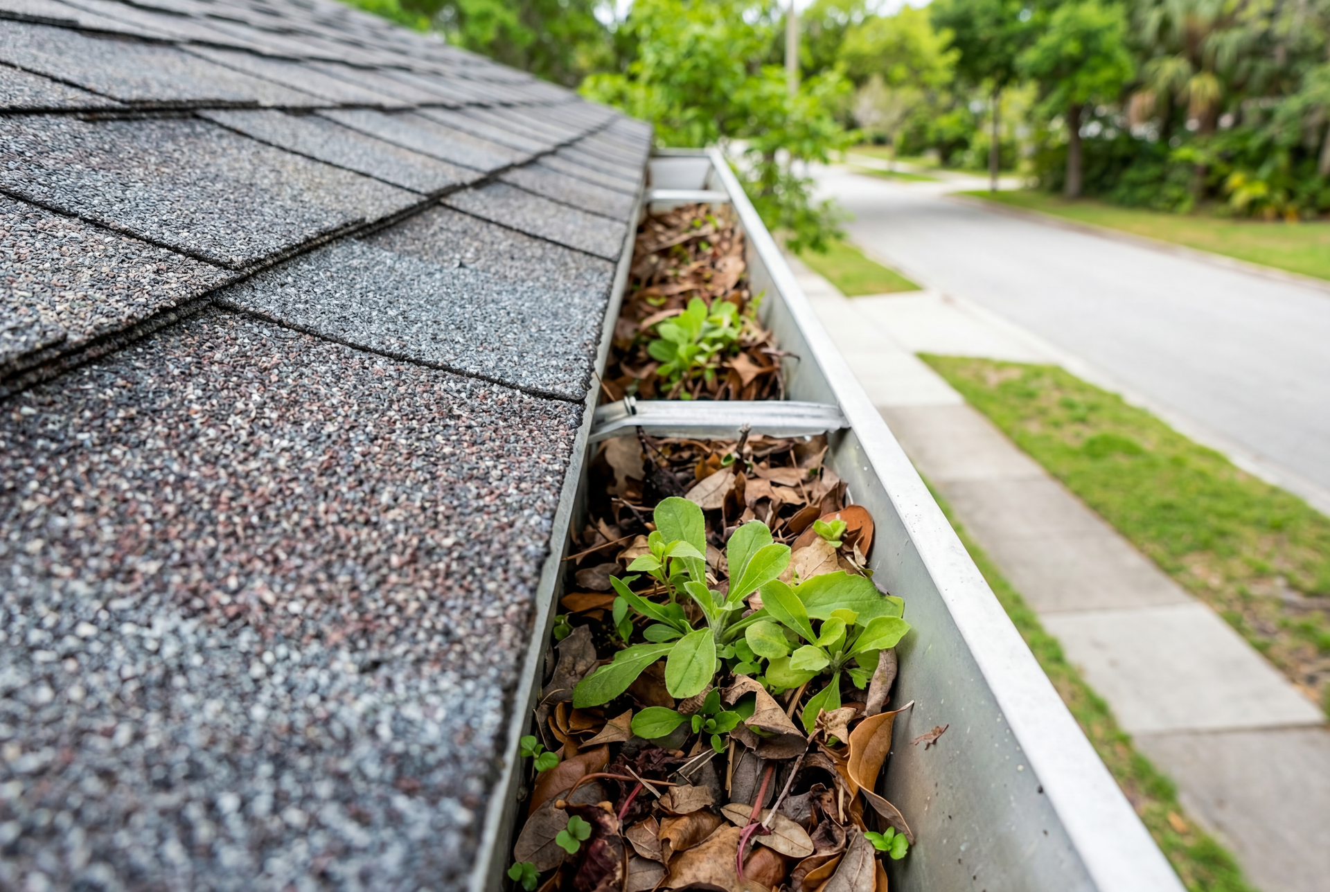 Clogged roof gutter filled with leaves and small plants, next to a street.