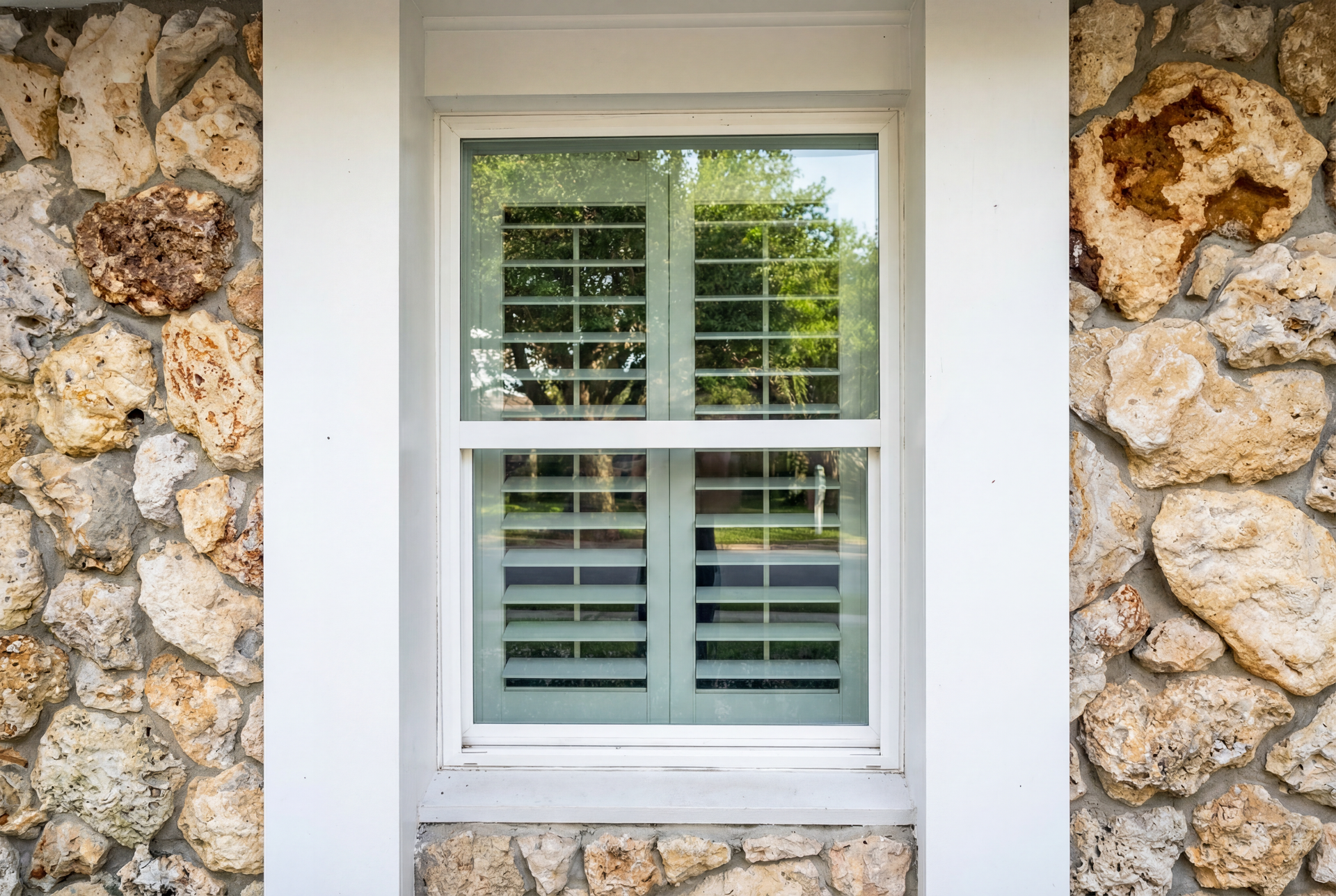 A window with shutters on it is on the side of a house.