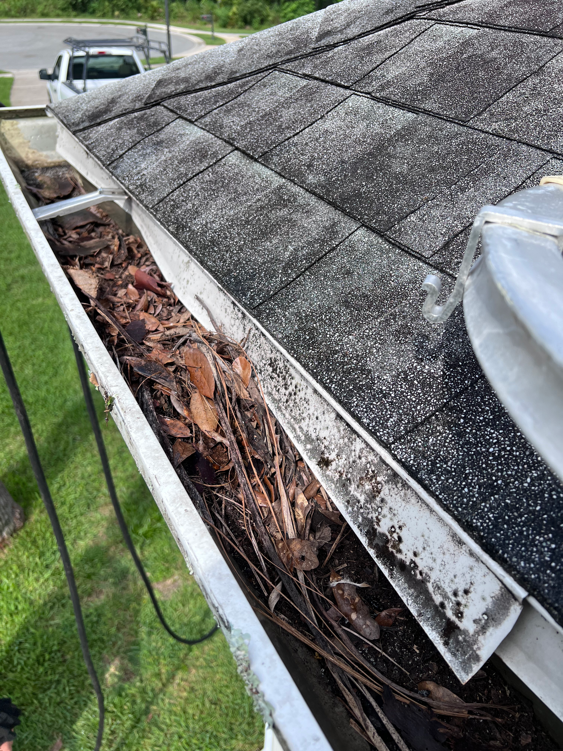 A gutter filled with leaves and branches is sitting on top of a roof.
