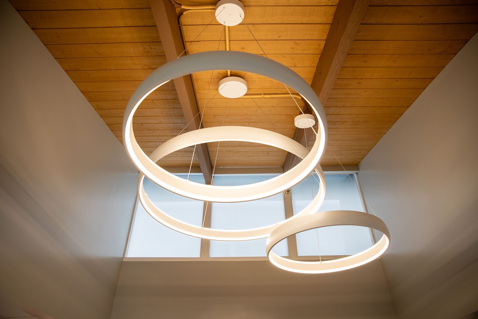 A ceiling with three rings hanging from it and a window in the background.