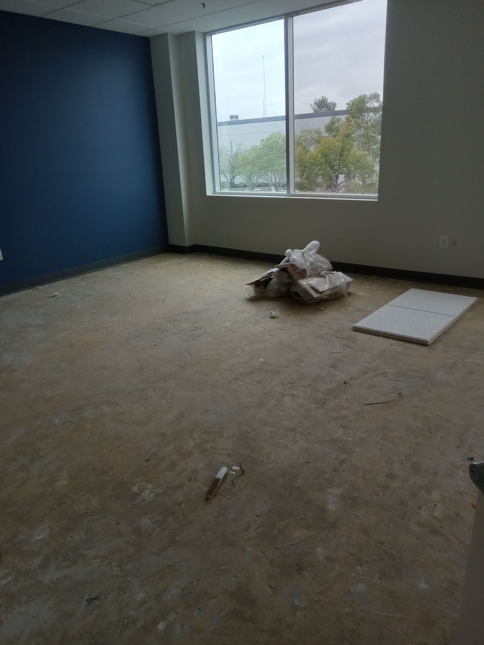 An empty room with a blue wall and a window