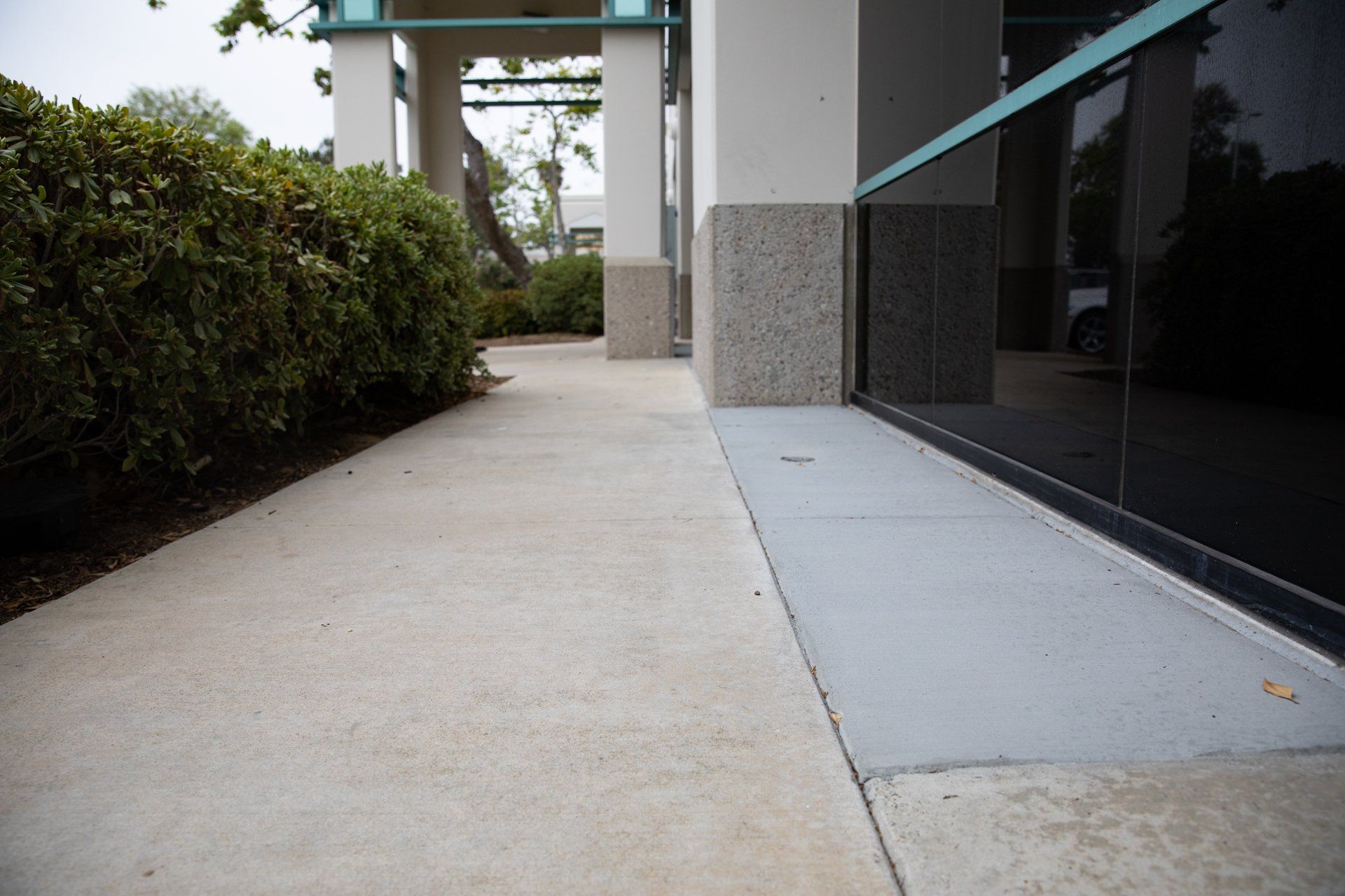 A concrete walkway leading to a building with a hedge in the background.