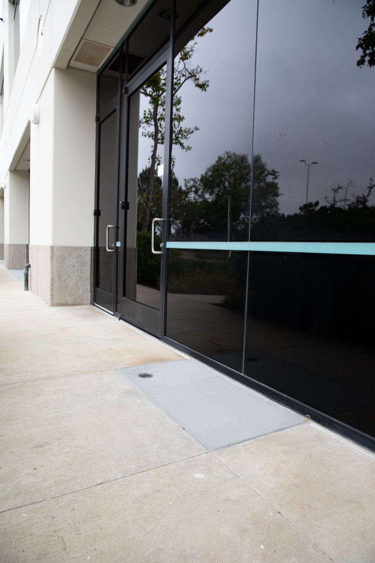 A building with black glass doors and a blue stripe on the sidewalk
