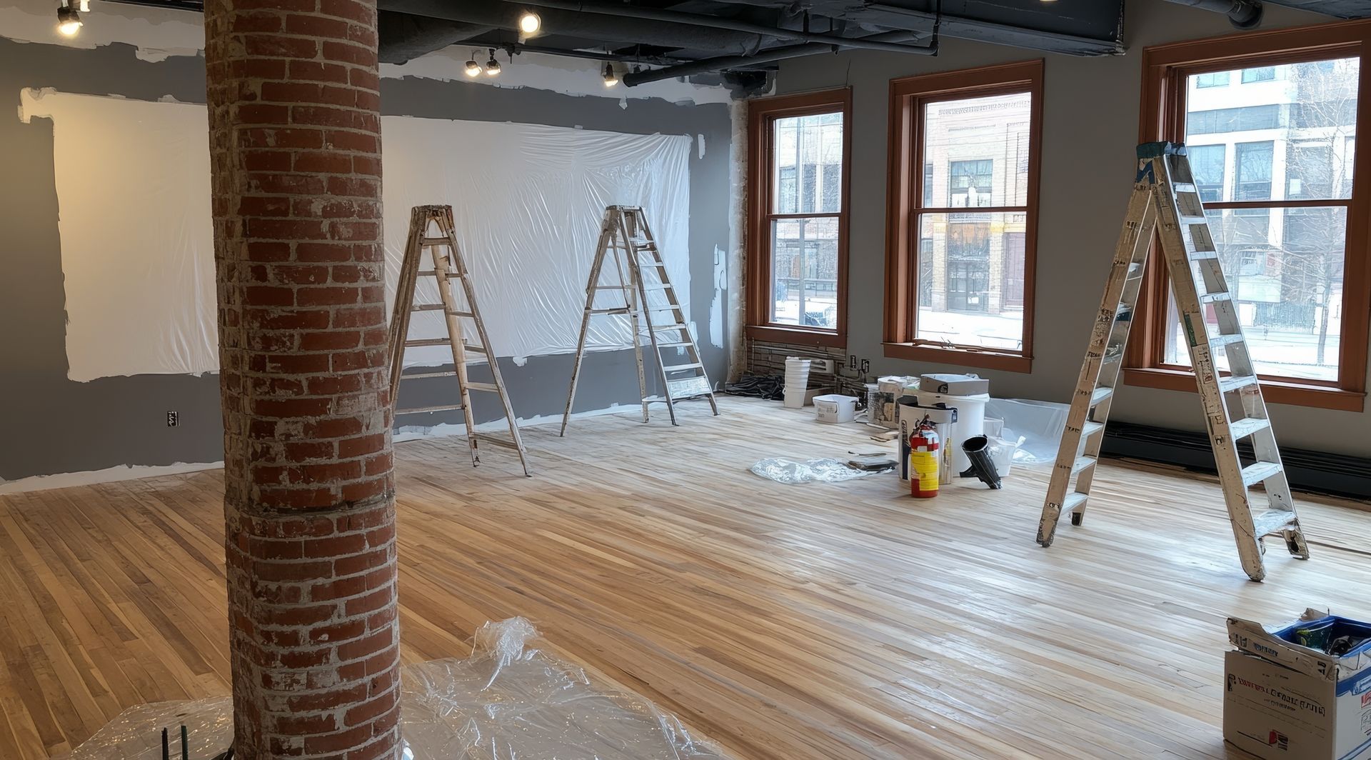 A room with a brick wall and wooden floor is being painted.