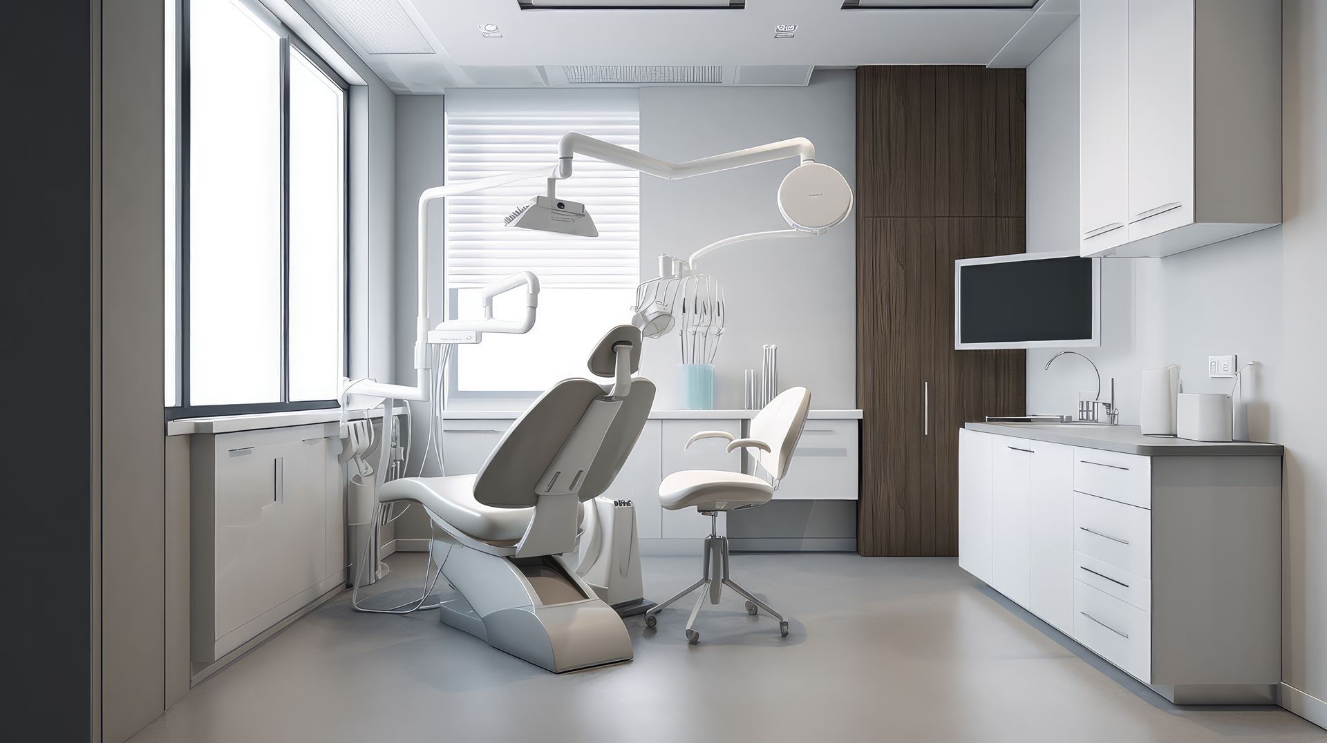 A dental office with a dental chair and a monitor.