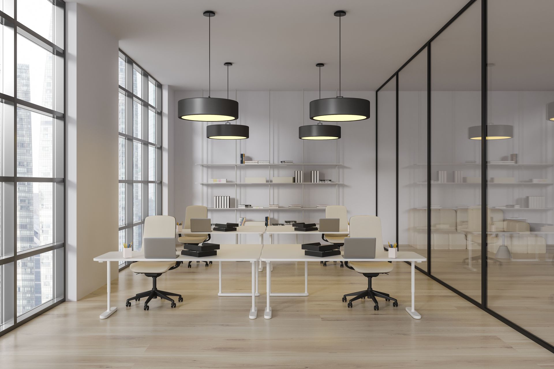 A modern office with a lot of windows and tables and chairs.