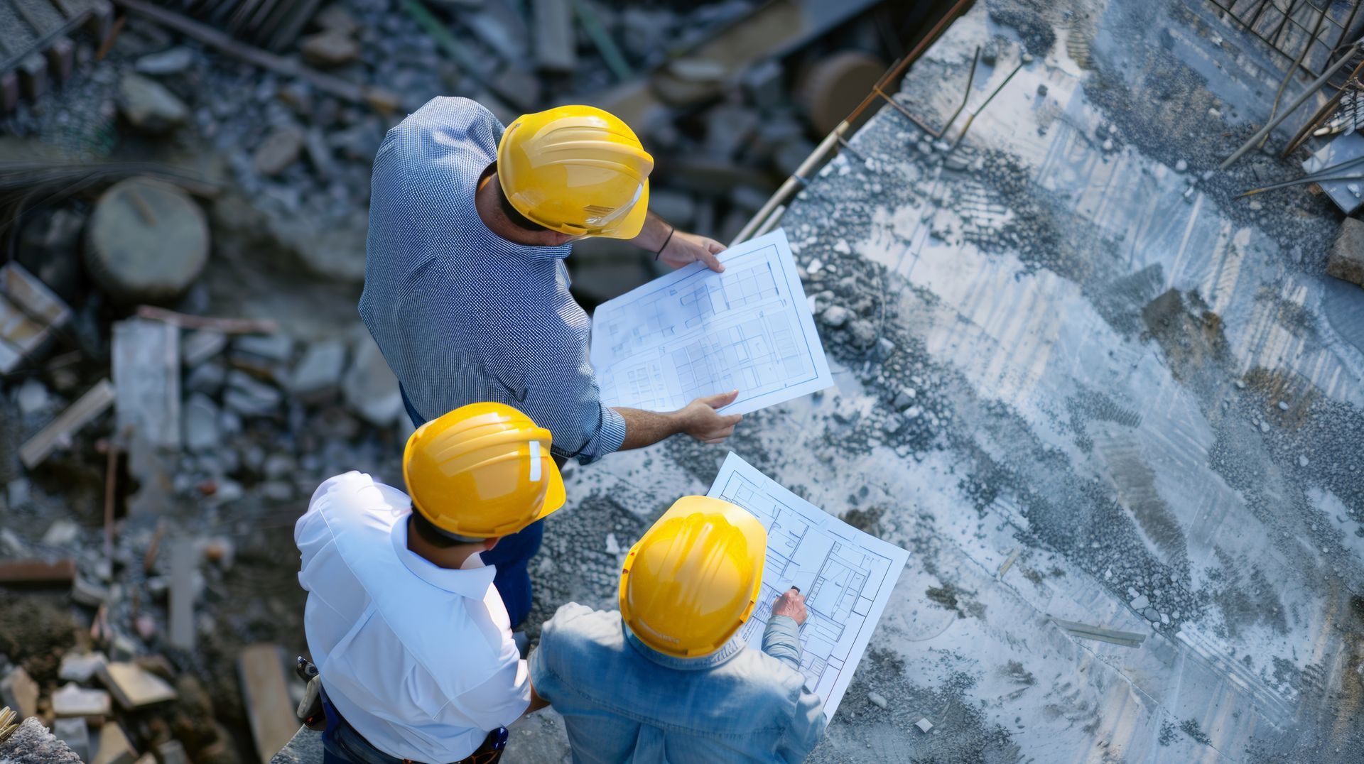 A group of construction workers are looking at a blueprint on a construction site.