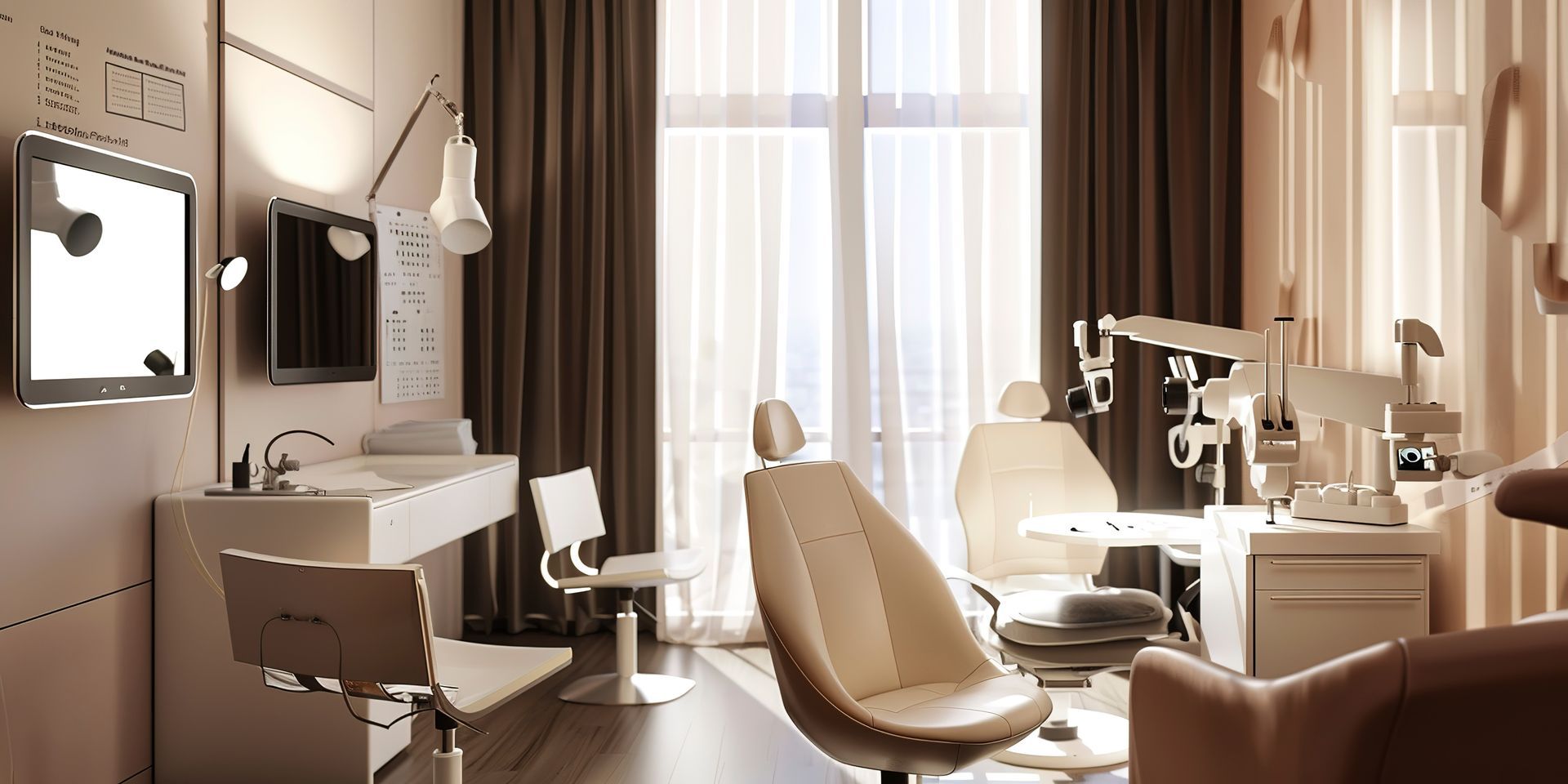 A dental office with a dental chair , desk and television.