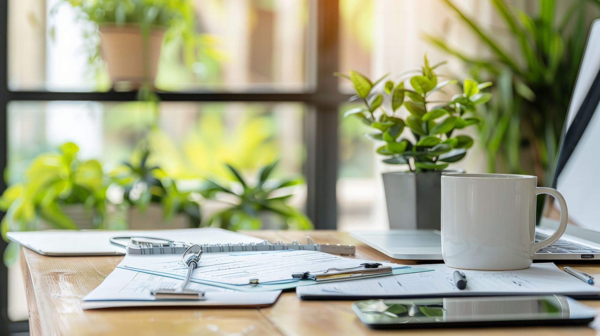 A desk with a laptop , a cup of coffee , a tablet , and a clipboard.