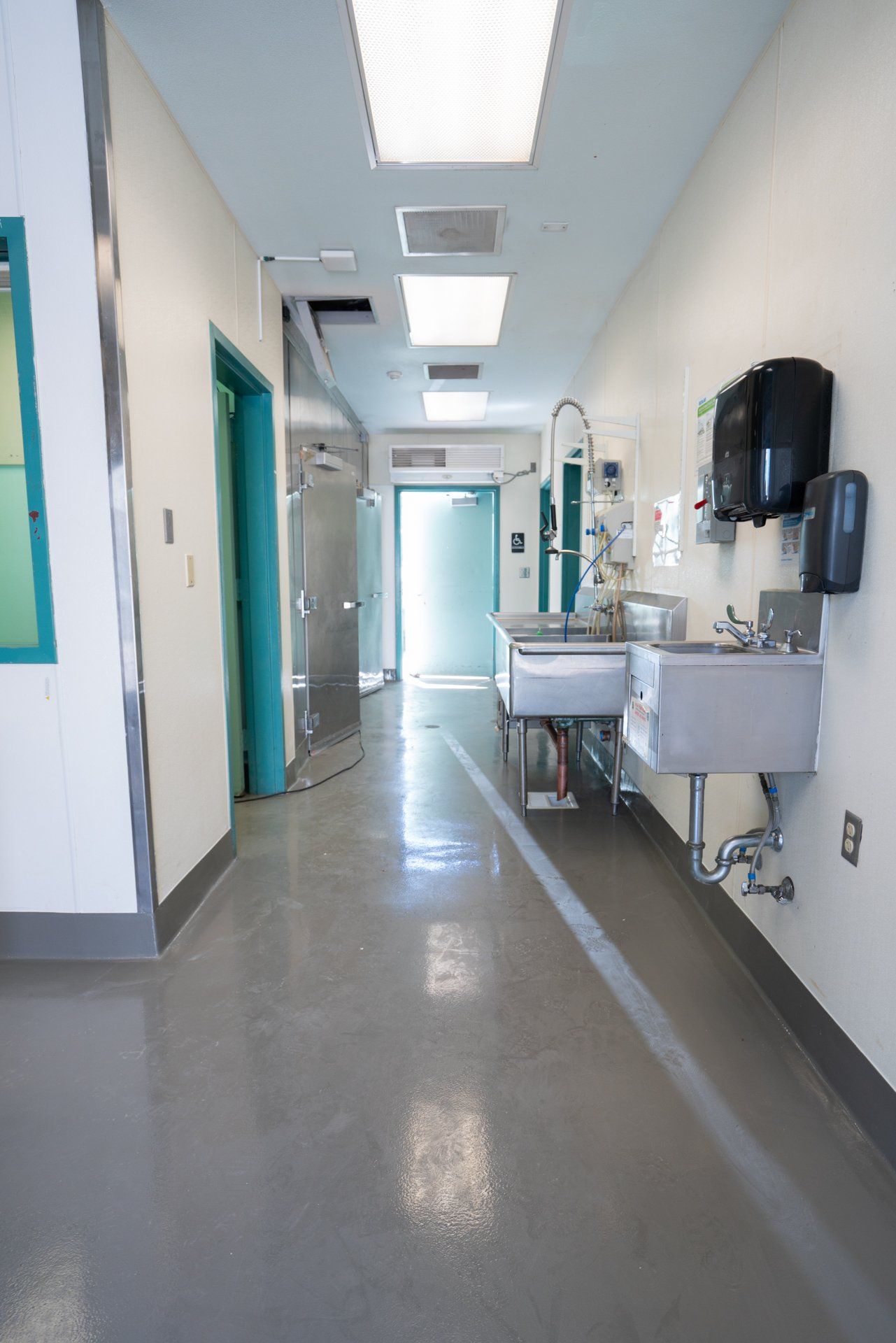 A long hallway in a hospital with sinks and a window.