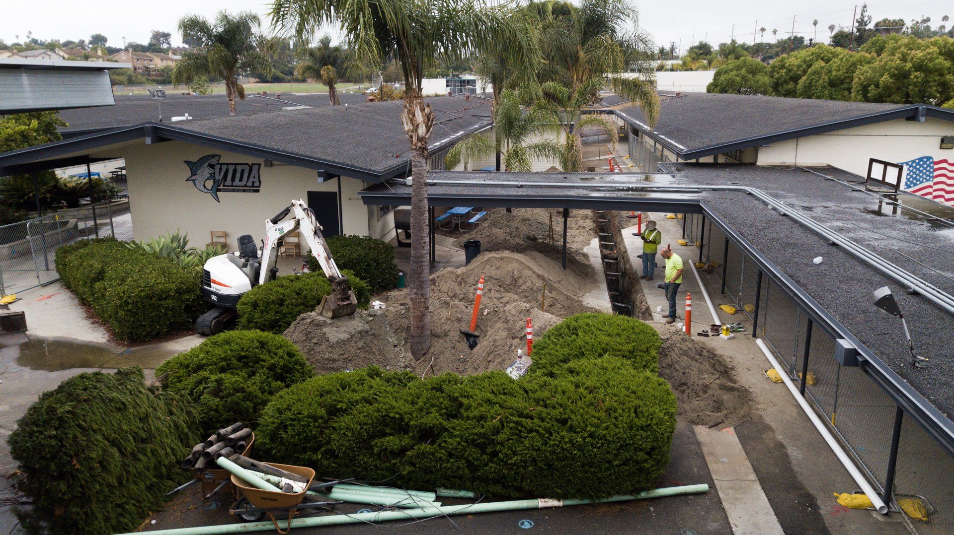 An aerial view of a building with the word fun on it