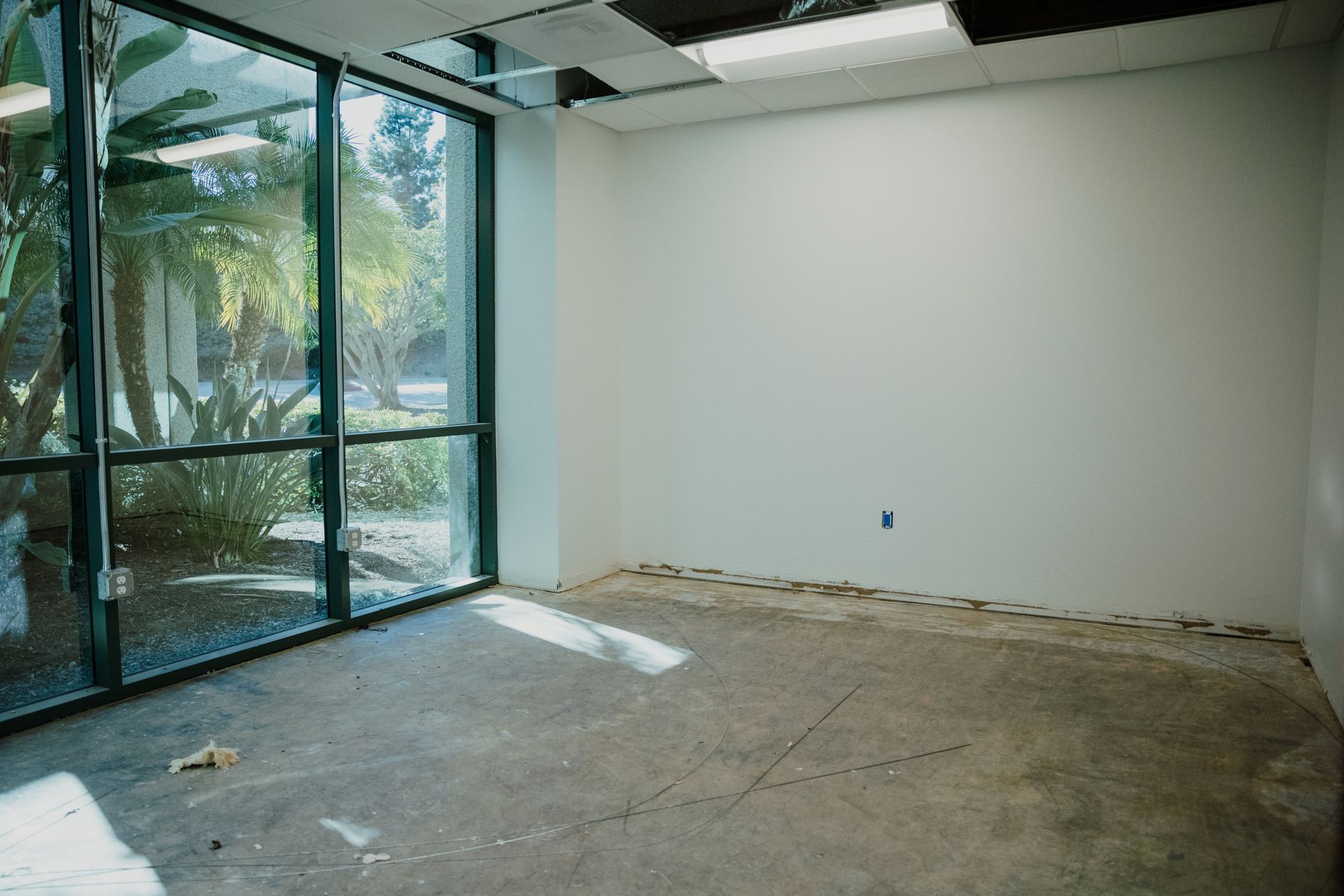 An empty room with a lot of windows and a concrete floor.