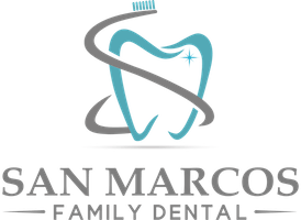 A logo for san marcos family dental with a tooth and a toothbrush