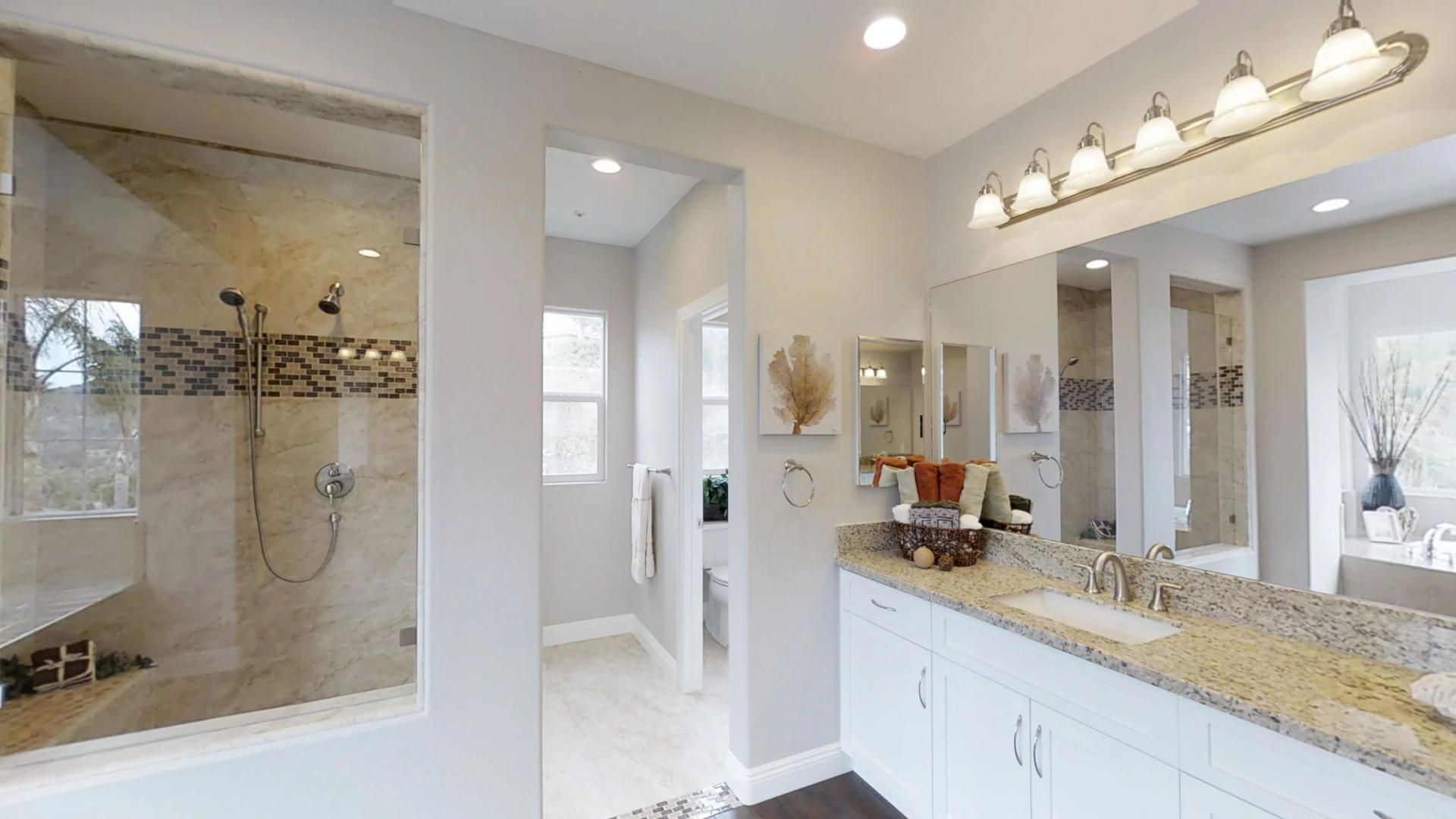 A bathroom with a walk in shower , sink , and mirror.