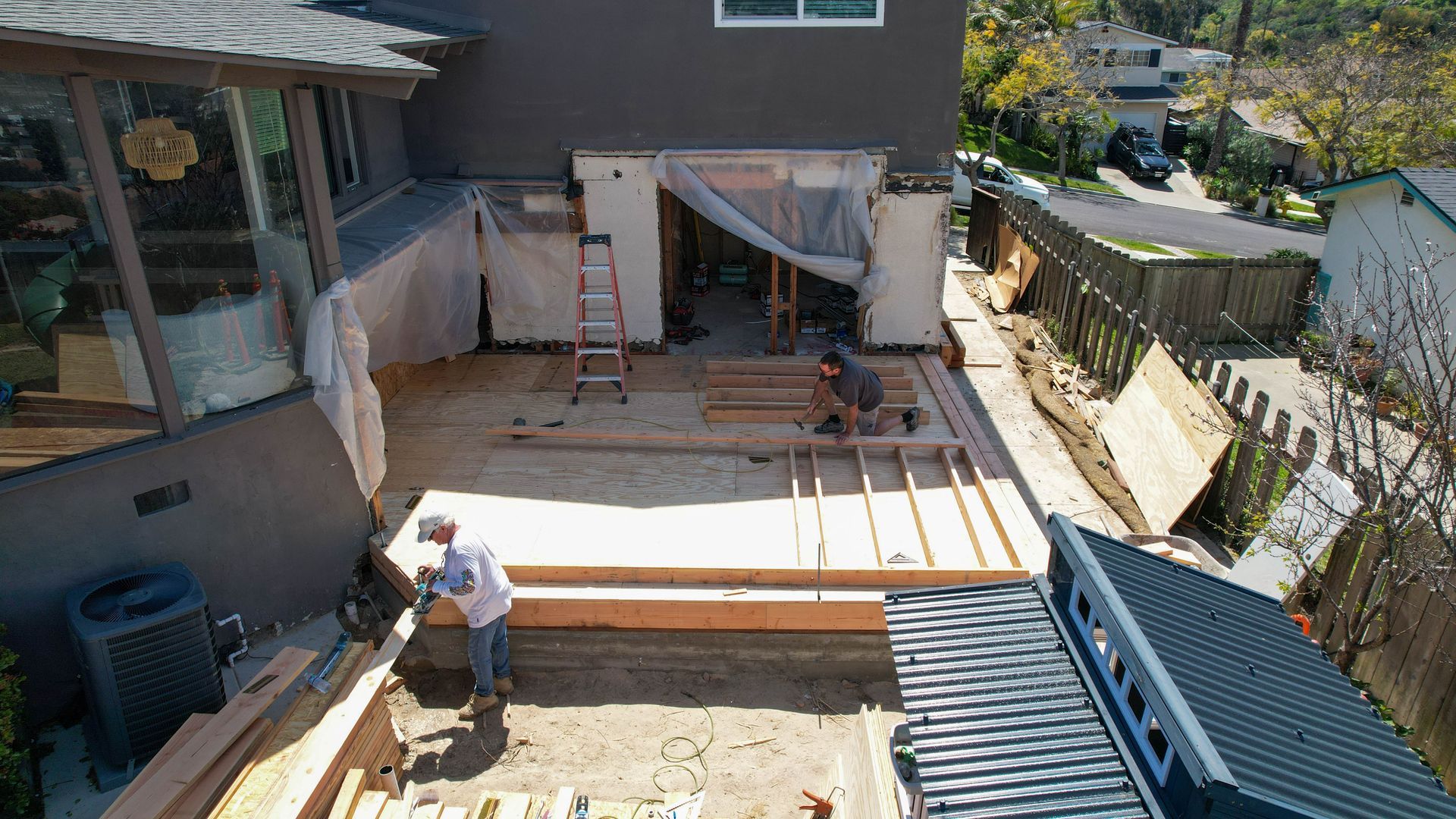 An aerial view of a house under construction.