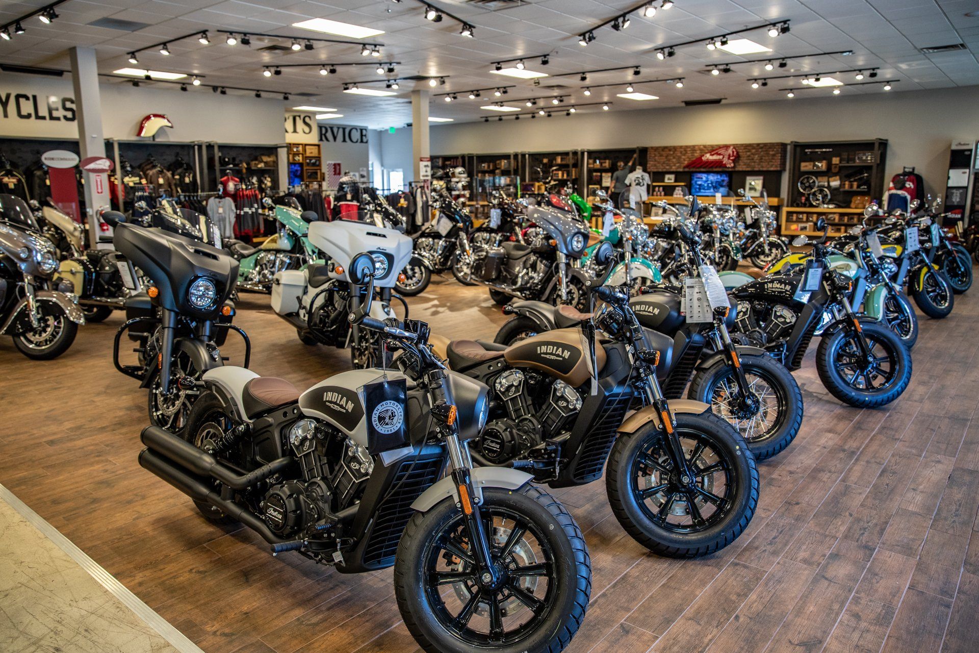 A row of motorcycles are lined up in a showroom.