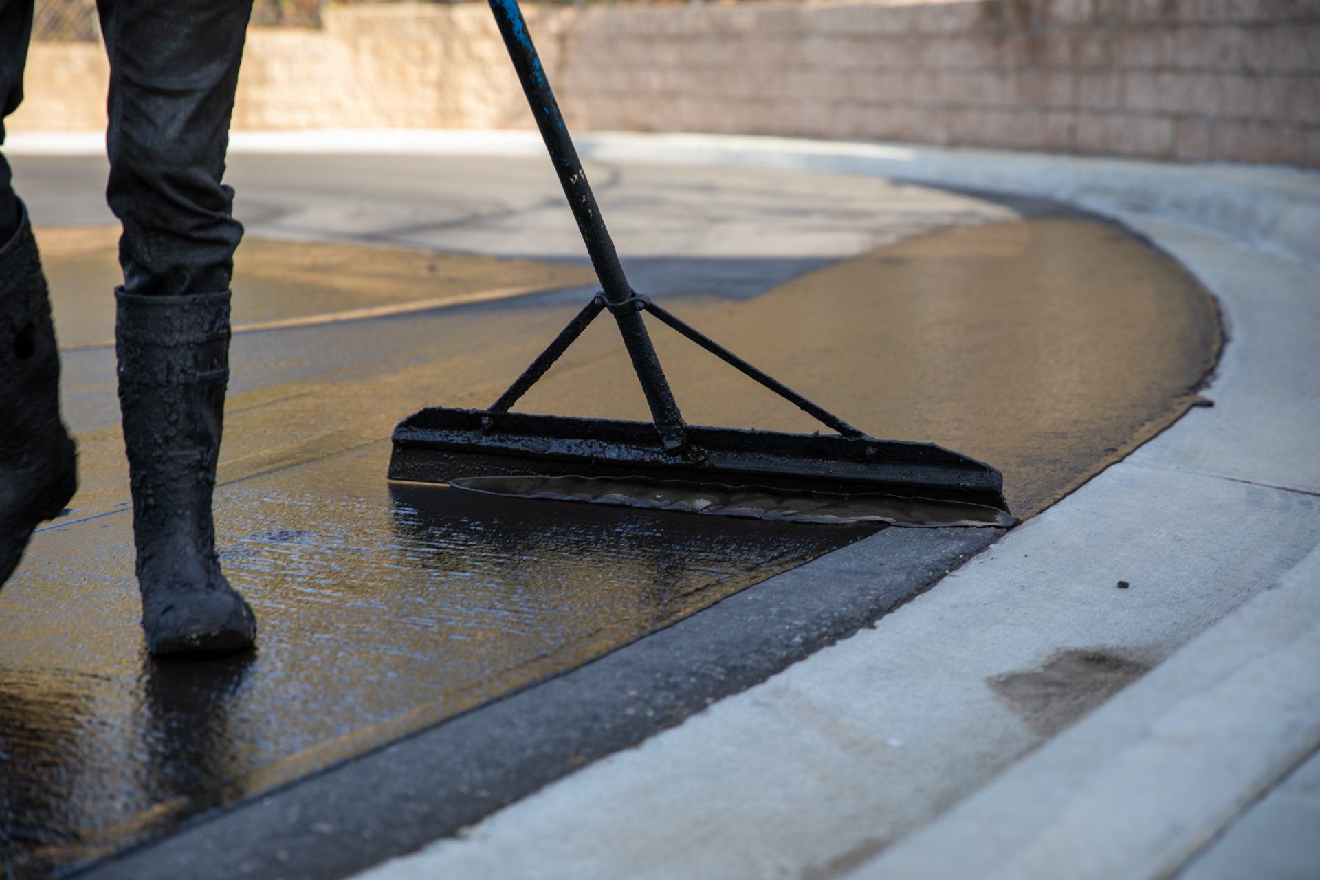 A person is using a broom to clean a driveway.