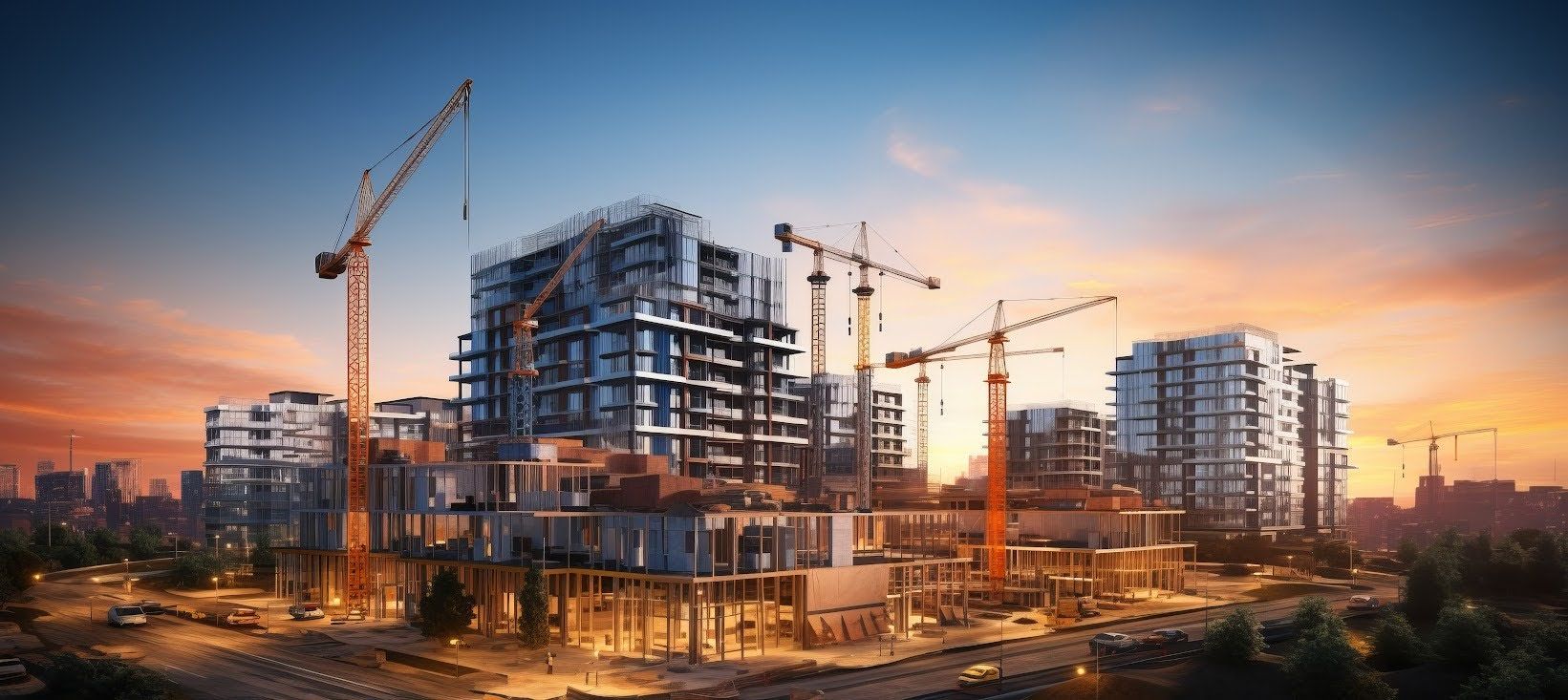 Construction site with cranes and steel-frame buildings at sunset
