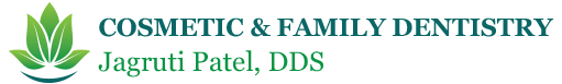 A logo for cosmetic and family dentistry with a green leaf