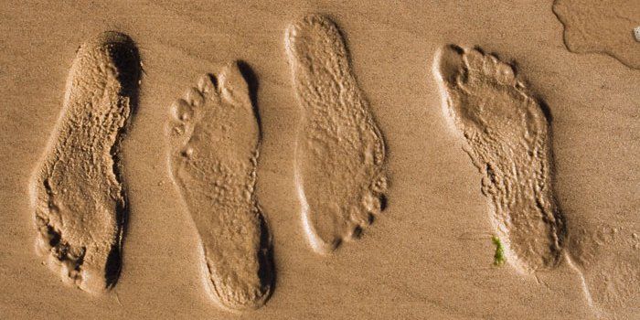 Vier Fußabdrücke im Sand sind in einer Reihe aufgereiht