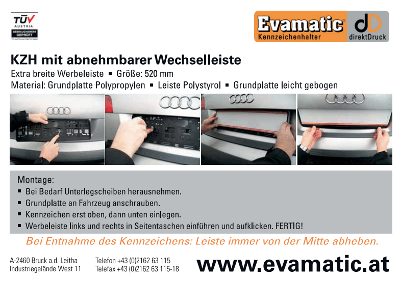 Eine Anzeige für Evamatic D zeigt, wie man einen Stoßfänger einbaut