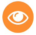 Ein weißes Auge in einem orangefarbenen Kreis auf weißem Hintergrund.