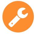 Ein Schraubenschlüsselsymbol in einem orangefarbenen Kreis auf weißem Hintergrund.