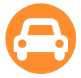 Ein weißes Autosymbol in einem orangefarbenen Kreis auf weißem Hintergrund.