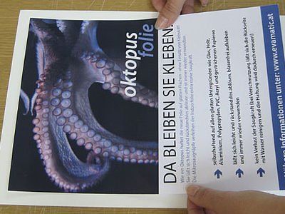 Eine Person hält ein Stück Papier mit einem Oktopus darauf