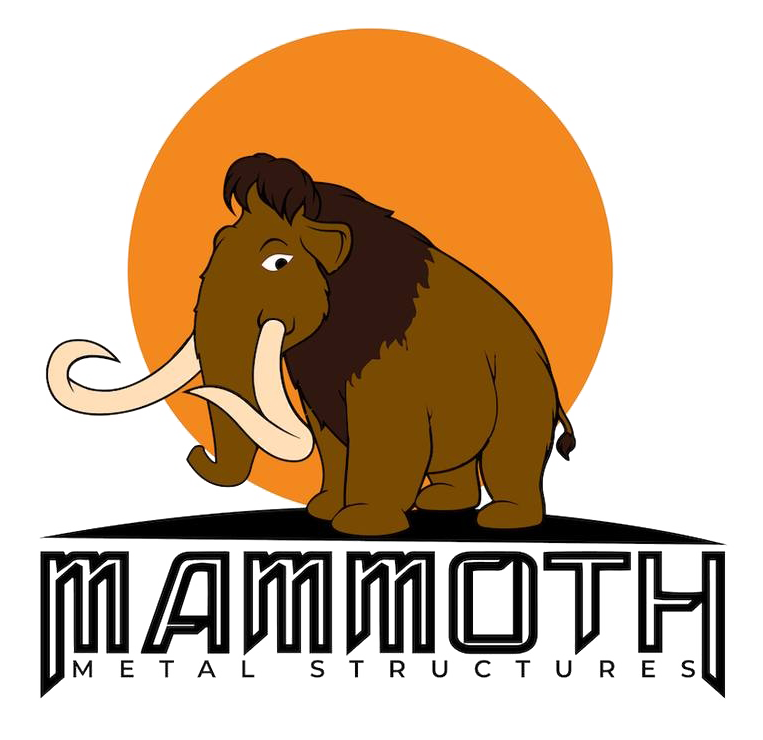 Cartoon mammoth in front of an orange circle, above black text that reads "MAMMOTH METAL STRUCTURES".