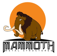 Cartoon mammoth in front of an orange circle, above black text that reads "MAMMOTH METAL STRUCTURES".