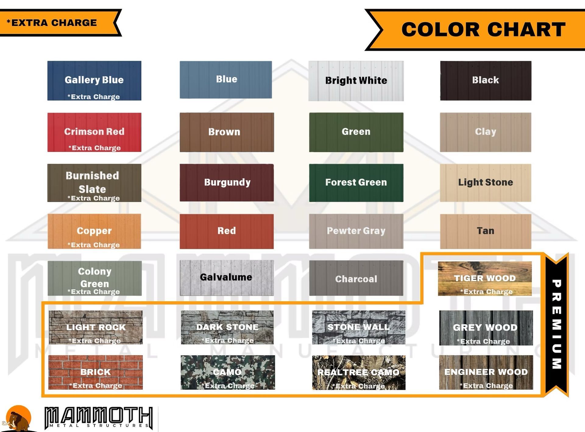 Color chart showcasing various siding colors, including standard and premium wood tones.